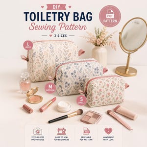 Op de afbeelding: Een DIY-naaipatroon voor een toilettas in drie maten met rechthoekige ritszakjes met bloemenprint. De afbeelding toont grote, middelgrote en kleine tassen naast make-up, een spiegel en tekstlabels voor een PDF-patroon en handleiding.