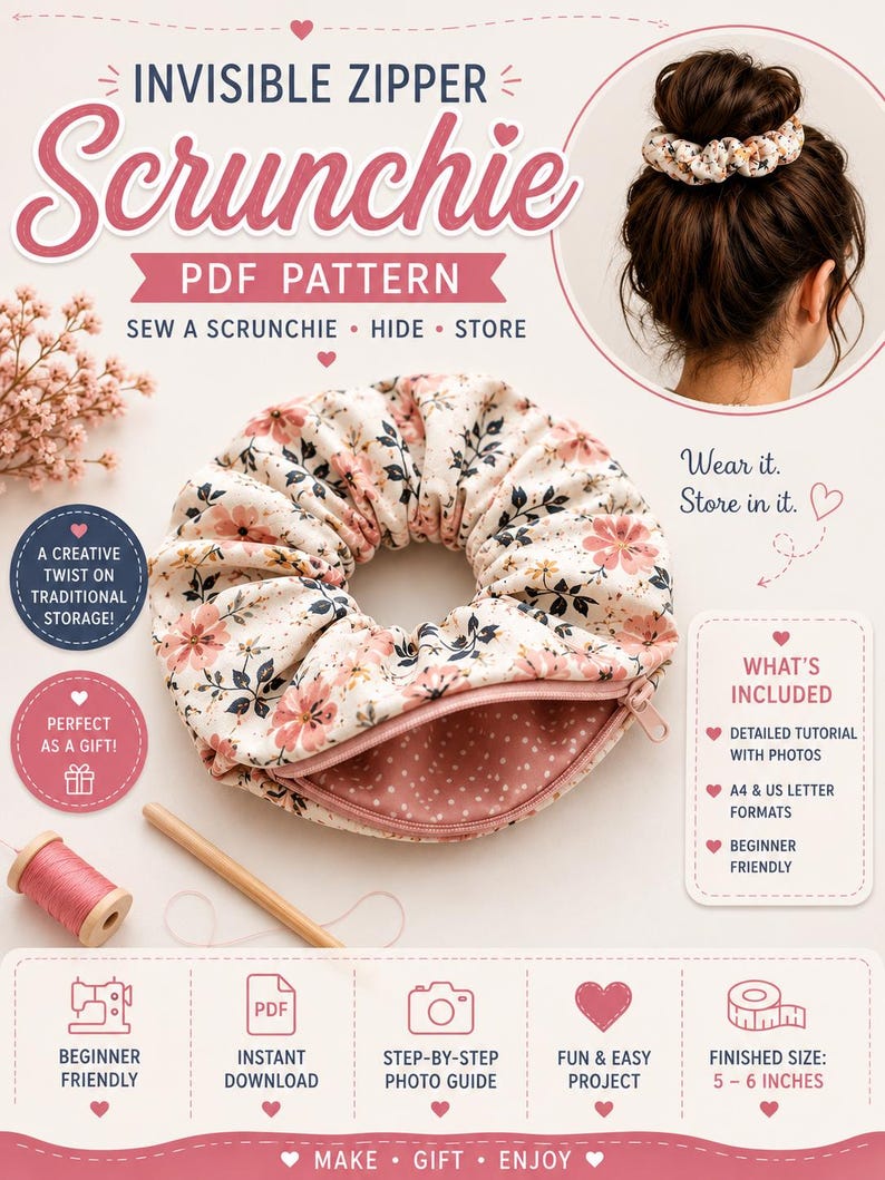May include: A PDF sewing pattern for an invisible zipper scrunchie. The image shows a floral fabric scrunchie with a zipper, a spool of pink thread, and a wooden tool. Text includes 'INVISIBLE ZIPPER SCRUNCHIE PDF PATTERN' and 'FINISHED SIZE: 5 - 6 INCHES'.