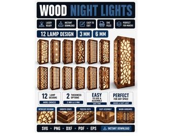 Laser Cut Night Light SVG, Wooden Lantern Bundle, Glowforge Lamp Template, Decorative Lamp SVG, 12 Wood Light Designs