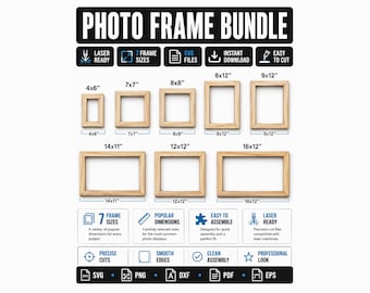 Photo Frame SVG Bundle, Laser Cut Picture Frame Templates, 7 Popular Frame Sizes, Glowforge Frame Files, Wooden Frame SVG DXF