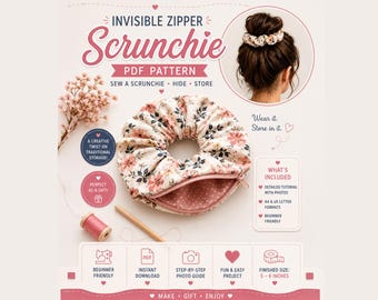 Invisible Zipper Scrunchie Sewing Pattern PDF | Hidden Pocket Scrunchie | Secret Storage Hair Scrunchie | Printable PDF Tutorial