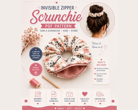 Invisible Zipper Scrunchie Sewing Pattern PDF | Hidden Pocket Scrunchie | Secret Storage Hair Scrunchie | Printable PDF Tutorial