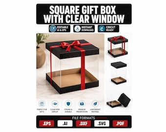 Op de afbeelding: Een vierkante geschenkdoos met een doorzichtig venster, voorzien van een zwarte deksel en bodem met een rode strik bovenop. Het ontwerp bevat de tekst SQUARE GIFT BOX WITH CLEAR WINDOW en iconen voor bewerkbare AI en EPS, download en Cricut.