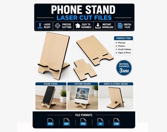 Phone Stand SVG, Laser Cut Phone Holder, Display Stand SVG, Picture Holder Template, Tablet Stand File, Glowforge xTool Laser Cut Files