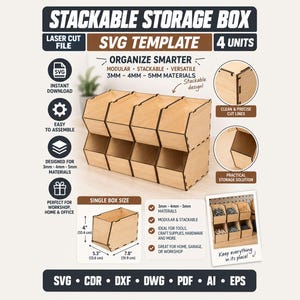 Puede incluir: Una plantilla SVG digital para un sistema de cajas de almacenamiento apilables con cuatro unidades de madera clara. El gráfico muestra detalles de montaje, compatibilidad con materiales de 3mm a 5mm y dimensiones de 10,4 cm por 13,6 cm por 19,9 cm para una caja.