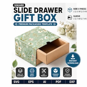 Puede incluir: Una plantilla de caja de regalo cuadrada con cajón deslizante, con un exterior verde claro y un patrón floral blanco y rosa. La caja incluye una bandeja interior marrón. El texto incluye SQUARE SLIDE DRAWER GIFT BOX, PREMIUM PACKAGING TEMPLATE y los formatos SVG, EPS, AI, PDF, DXF.