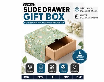 Square Drawer Gift Box SVG Template, Sliding Gift Box SVG, Drawer Packaging Box, Jewelry Box Template, Favor Box, Cricut Gift Box Cut File