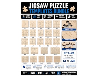 Jigsaw Puzzle SVG Bundle, Laser Cut Puzzle Templates, Custom Puzzle Maker Files, Glowforge xTool LightBurn SVG, 1x1 to 50x60 Sizes