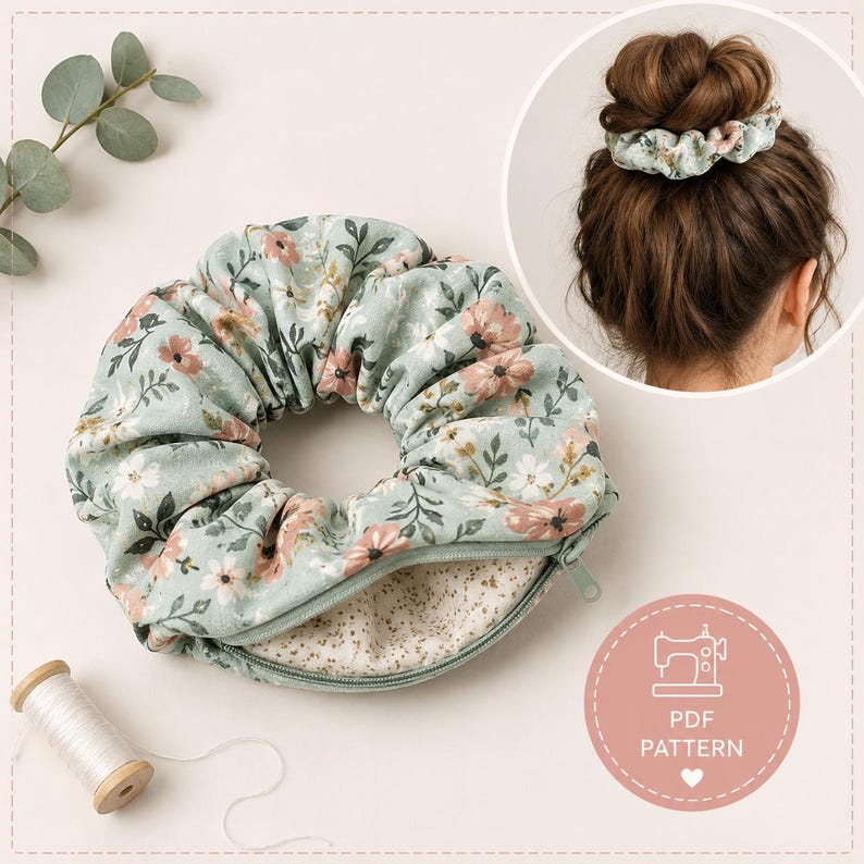 May include: A sage green fabric scrunchie with a floral pattern featuring pink and white flowers and green leaves. The scrunchie includes a hidden zipper pocket and is shown worn in a hair bun. A spool of white thread is visible nearby.