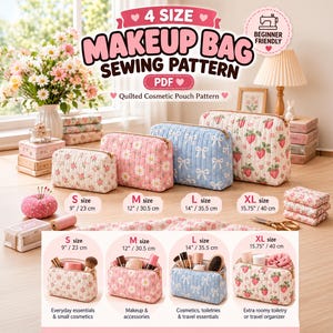 Pode incluir: Um molde de costura digital para quatro tamanhos de bolsas de maquilhagem acolchoadas, marcadas como S, M, L e XL com dimensões de 23 cm a 40 cm. A imagem exibe quatro bolsas acabadas com padrões florais e de laços com fechos dourados.