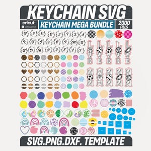 Può includere: Un pacchetto di design digitale per portachiavi, con una varietà di forme, motivi ed elementi testuali. Include lettere, cuori, palloni sportivi e disegni floreali. Il testo "KEYCHAIN SVG" e "KEYCHAIN MEGA BUNDLE" è visualizzato in alto.