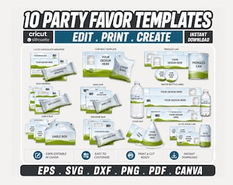 10 Party Favor Templates Bundle, Canva Editable Chip Bag & Wrapper Templates, Cricut SVG Birthday Favor Kit, Water Bottle Labels