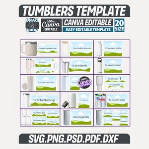 Tumbler Template Bundle 20 Sizes Canva Editable, Sublimation Tumbler Wrap SVG PNG, 20oz 30oz 40oz Yeti Stanley Libbey Glass Template image 1