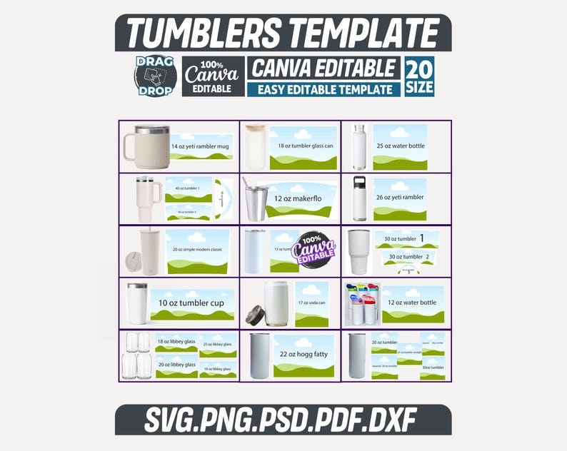 Tumbler Template Bundle 20 Sizes Canva Editable, Sublimation Tumbler Wrap SVG PNG, 20oz 30oz 40oz Yeti Stanley Libbey Glass Template image 1