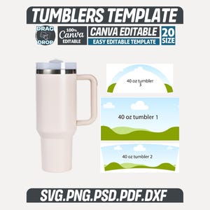May include: A light beige 1.18 litre tumbler with a handle and a silver lid. The image includes the text "TUMBLERS TEMPLATE", "CANVA EDITABLE", and file type options. Additional graphics show tumbler design templates.
