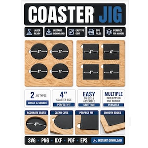 May include: A digital file set titled COASTER JIG featuring templates for 4-inch circular and square coasters. The design includes wood-grain patterned boards with cutouts for coasters, labeled with 4-inch dimensions, and file format icons.