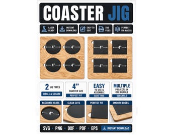 Coaster Jig SVG Bundle, Slate Coaster Alignment Template, Laser Engraving Jig, 4 Inch Round & Square Coaster Fixture, Glowforge xTool SVG