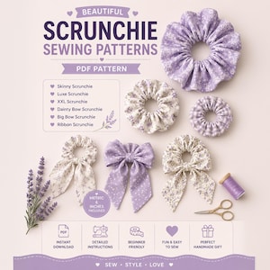 Peut inclure: Un patron de couture numérique pour chouchous intitulé BEAUTIFUL SCRUNCHIE SEWING PATTERNS PDF PATTERN. L'image présente six chouchous en tissu dans diverses nuances de violet et de motifs floraux blancs, avec des ciseaux et du fil.