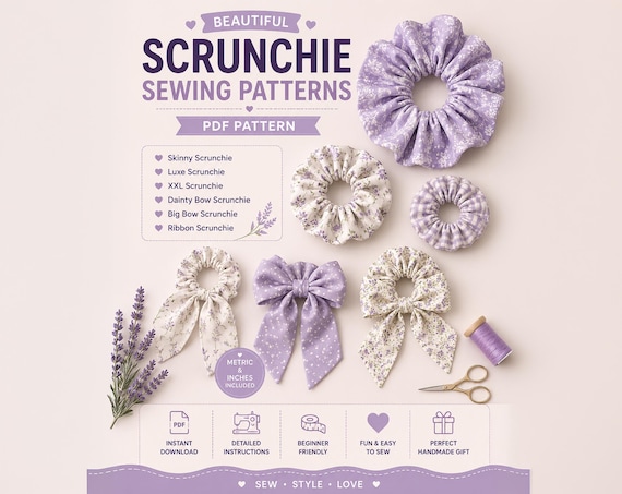 Scrunchie Sewing Pattern Bundle PDF | 6 Hair Scrunchie Patterns | Bow Scrunchie Template | Beginner Sewing Tutorial | Instant Download