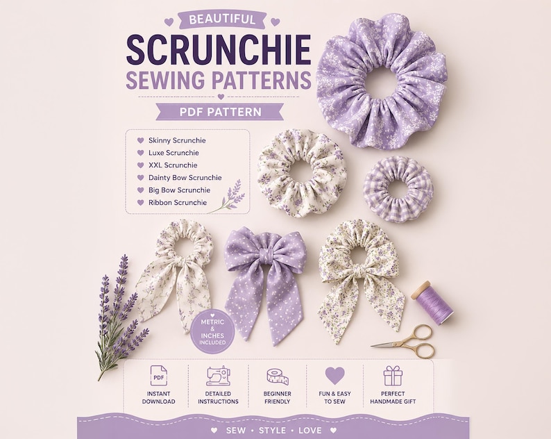 May include: A digital sewing pattern for scrunchies titled BEAUTIFUL SCRUNCHIE SEWING PATTERNS PDF PATTERN. The image displays six fabric scrunchies in various shades of purple and white floral patterns, alongside sewing scissors and thread.