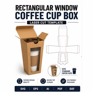 Coffee Cup Box SVG Template, Window Cup Packaging Box, Tumbler Gift Box SVG, Coffee Carrier Box, Takeaway Cup Packaging, Laser Cut Template