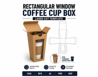 SVG-sjabloon koffiekopje doos, vensterbeker verpakking, beker geschenkdoos SVG, koffiedraagdoos, afhaalmaaltijden bekerverpakking, lasergesneden sjabloon