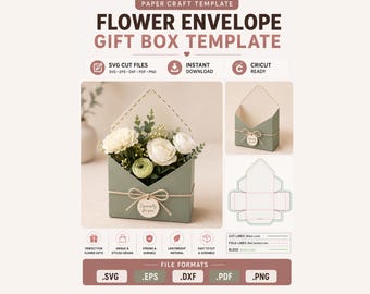 Flower Envelope Gift Box SVG Template, Floral Envelope Box, Paper Flower Bouquet Holder, Cricut Gift Box, Wedding Favor Box, Packaging File
