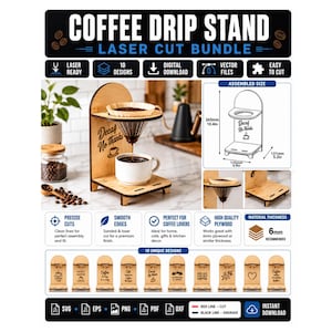 Kaffedroppställ SVG-paket, Häll över kaffehållare laserskuren fil, kaffebardekor SVG, Glowforge xTool-mall, 10 designer