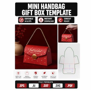 Può includere: Un modello di scatola regalo a forma di mini borsa rossa con manico a catena dorata, chiusura circolare dorata e il testo Best Wishes Special For You. Include un layout di fustellatura piatto con contorni verdi e icone di formati.