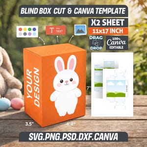 May include: An orange blind box template with a white bunny illustration. The box is 3.5 x 4.4 inches, with a 7-inch template sheet. Text includes "YOUR DESIGN", "X2 SHEET", "11x17 INCH", and "100% Canva Editable".
