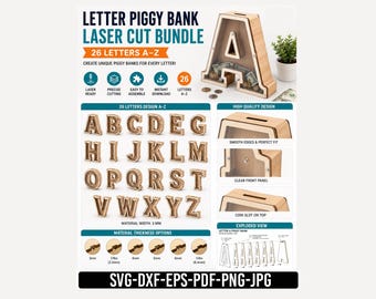 Letter Piggy Bank SVG Bundle, Alphabet Money Bank A-Z, Laser Cut Piggy Bank Files, Glowforge SVG, Personalized Nursery Decor DXF