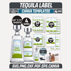 Puede incluir: Plantilla de diseño digital para etiquetas de tequila. El diseño incluye plantillas para 4 tamaños, con opciones para botellas de 50 ml, 200 ml, 375 ml y 700 ml. El diseño está disponible en formatos SVG, PNG, DXF, PDF y EPS.