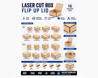 Laser Cut Box SVG Bundle, Flip Lid Box Templates, 16 Box Sizes, Glowforge Box Files, xTool Laser Cut Box, Wooden Storage Box DXF