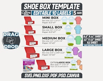 Shoe Box Template SVG Bundle – 5 Sizes Mini to XL, Sneaker Box SVG for Cricut, Printable Shoe Box Pattern, Editable Canva, Instant Download