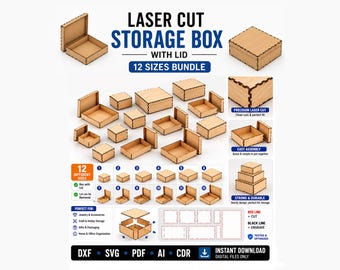 Laser Cut Storage Box SVG Bundle, 12 Box Sizes with Removable Lid, Glowforge Box Files, Wooden Storage Box Template, Wooden Gift Box Plans