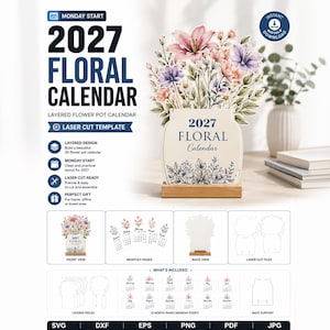 Può includere: Un modello di calendario floreale 2027 tagliato al laser con un design a vaso di fiori a strati e fiori in stile acquerello nei toni del rosa, viola e verde. Il set include pagine mensili, pezzi a strati e un supporto posteriore in formati SVG, DXF, EPS, PNG, PDF e JPG.