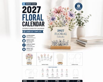 2027 Floral Calendar SVG, Monday Start, Flower Vase Desk Calendar, Printable Monthly Calendar, Cricut Laser Cut File, Floral Desk Decor