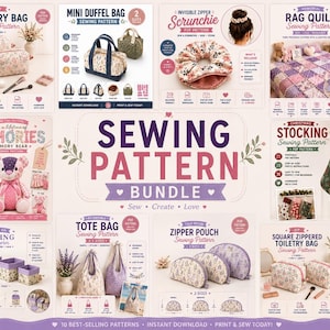 10 Sewing Patterns Bundle PDF | Bag Patterns, Rag Quilt Pattern, Memory Bear, Christmas Stocking, Scrunchie, Toiletry Bag | Instant Download