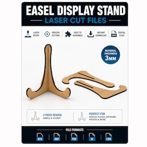 Staffliställ SVG, laserskuren displayställmall, bildramsställ SVG, tallrikshållare SVG, Glowforge xTool laserskurna filer