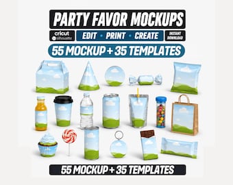 55 Party Favor Mockups Bundle, 35 Editable Canva Templates, Chip Bag Mockup, Water Bottle Label, Birthday Favor Kit