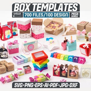 May include: A collection of various paper box templates in multiple colours and shapes, including gift boxes, favour boxes, and treat containers. The image features text reading BOX TEMPLATES, 700 FILES/100 DESIGN, MEGA BUNDLE, and SVG PNG EPS AI PDF JPG DXF.