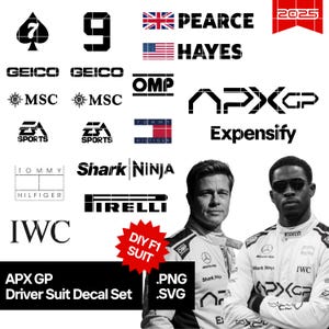 May include: A collection of black and white decals and logos, including the Ace of Spades, the number 9, and various brand names like GEICO, EA Sports, and Tommy Hilfiger. The image also features two people in racing suits, and the text "APX GP Driver Suit Decal Set".