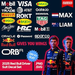Naklejki z logo Formuły 1 Red Bull 2025 na kombinezon Red Bull Racer – pliki SVG i PNG – pliki do natychmiastowego pobrania