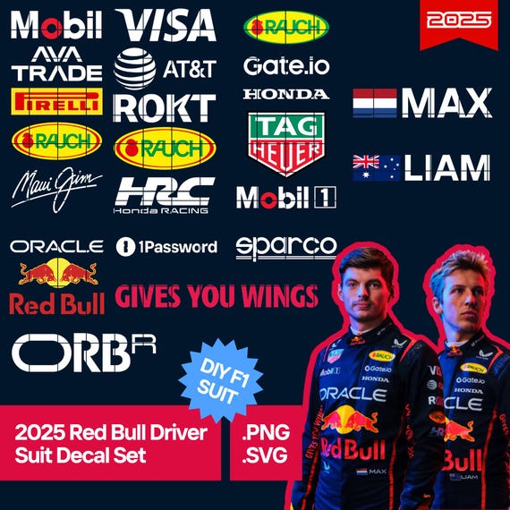 Red Bull 2025 Formula 1 Logo Decals for Red Bull Racer Suit - SVG and PNGs - Instant Download Files