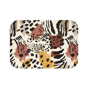 May include: A seamless pattern featuring a mix of animal prints in black, brown, white, and gold. The pattern includes zebra stripes, leopard spots, and cheetah spots.