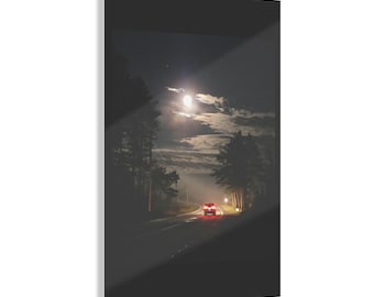 Acrylic Photo Print: Moonlit Road Car Scene, Ready to Hang