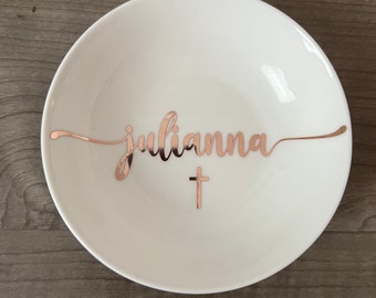 Personalized CROSS jewelry dish with GIFT BOX included. Confirmation, Communion, Baptism, Religious gift