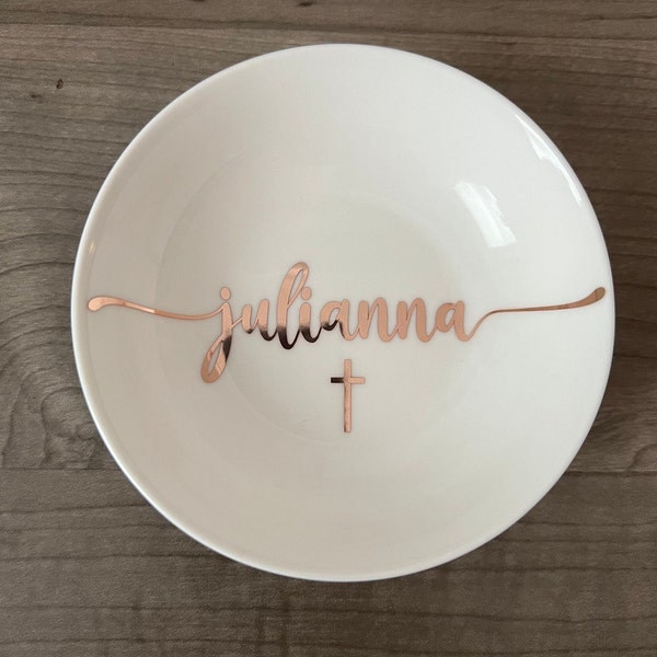 Personalized CROSS jewelry dish with GIFT BOX included. Confirmation, Communion, Baptism, Religious gift