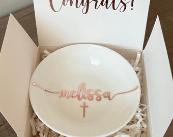 Personalized jewelry dish with “Congrats” GIFT BOX INCLUDED. Confirmation, Communion, Baptism, Religious gift