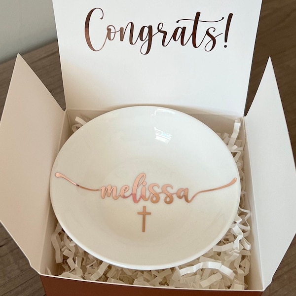 Personalized jewelry dish with “Congrats” GIFT BOX INCLUDED. Confirmation, Communion, Baptism, Religious gift